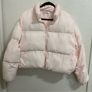 JustFab Light Pink Puffer Crop Winter Coat, Large